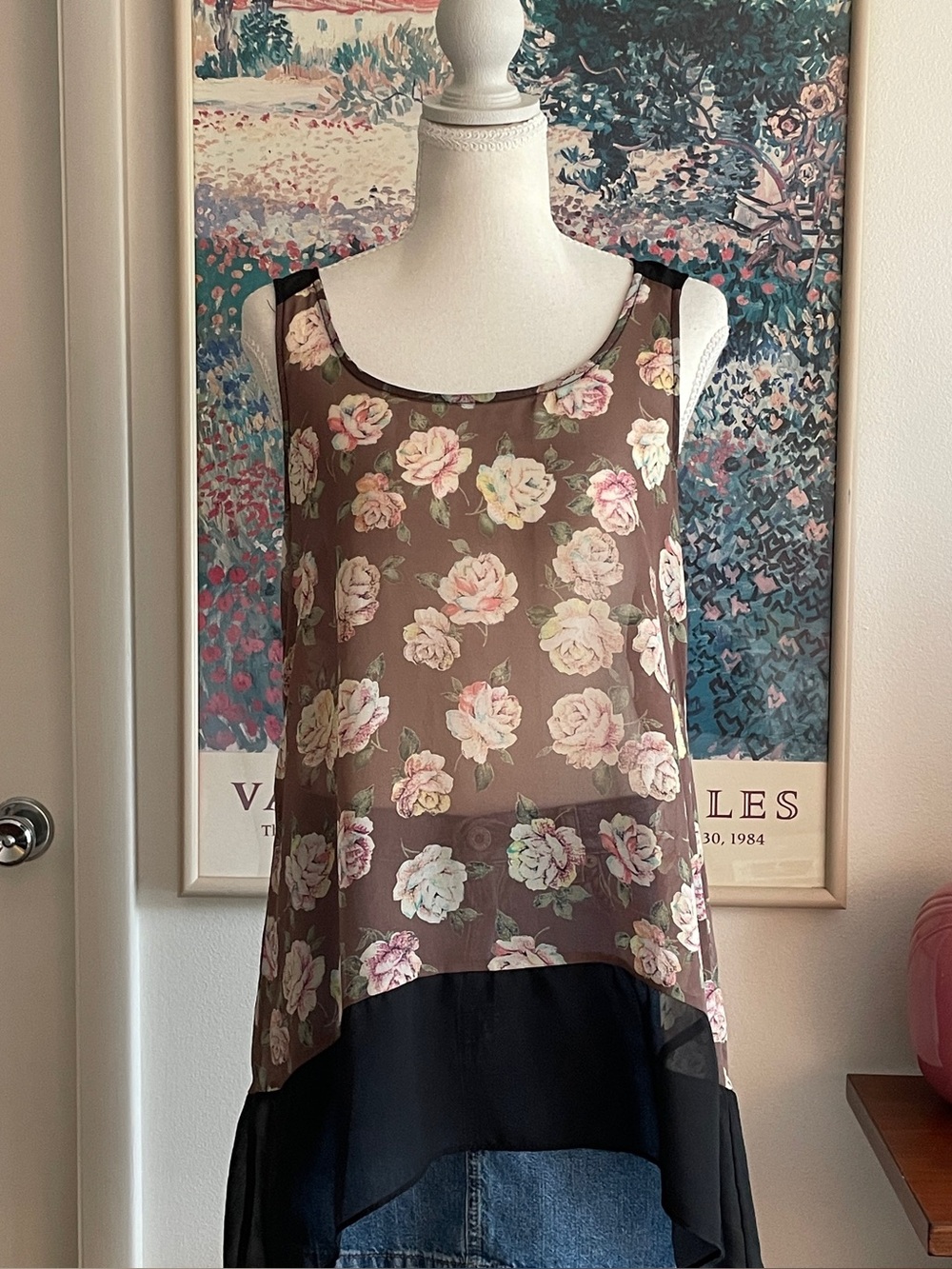 Moa Moa Floral Rose Chiffon Tank Top Small Brown Hi-Low Sheer Romantic Fairy Y2K
